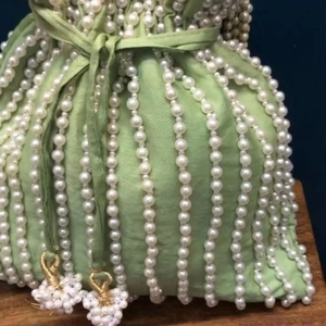 Beautiful Designer Light Green Potli <b>Bag</b> for Women with Embellished Crystal Glass Beads <b>Pearls</b> and Embroidery Work for Weddings - Product Image 1