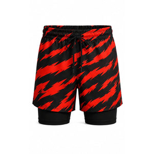 Shorts de bain pour homme à séchage rapide, imprimé géométrique rouge et noir, taille à cordon de serrage, décontractés, 100 % polyester - Product Image 2