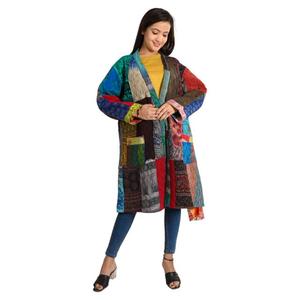 Vintage Boho Kantha Patchwork Reversible Jacket Recycled Silk Patchwork <b>Coat</b> for Women Handmade Casual Wear with Woven Technique - Product Image 2