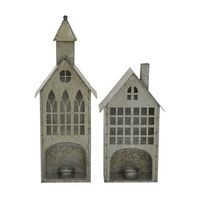 Mini Ornement de Maison d'Église en Métal Blanc Porte-Bougie avec Design de Croix en Pointe et Découpes de Fenêtre Style Ferme Noël