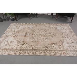 Vintage Classic Turkish Rug Beige <b>Brown</b> 5.3 X 8.1ft Handmade <b>Wool</b> with Latex Backing Patchwork Pattern for Bedside - Product Image 3