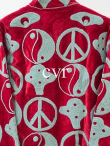 Red <b>Velvet</b> Embroidered Bomber <b>Jacket</b> With Peace Sign Pattern Stand Collar Full Sleeve Women's Autumn Outerwear - Product Image 5
