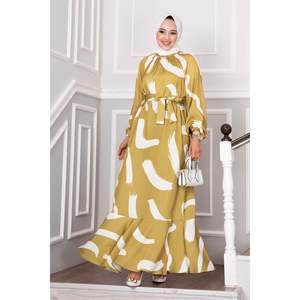 Vestido modesto con cinturón cintura de satén mostaza - Product Image 5