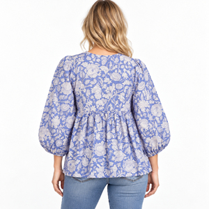 Blusa Informal India Tejida a Mano con Estampado de Bloques, de Algodón Puro, Diseño Floral Bohemio, Ecológica, de Secado Rápido, con Mangas Abullonadas - Product Image 2