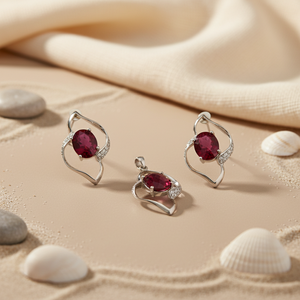 Ensemble de bijoux romantique classique Art Palace en argent 925 avec rubis, collier, boucles d'oreilles et pendentif en forme de cœur ovale pour femme, mariage - Product Image 1