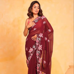 Sari Georgette tradicional de alta calidad, estilo paquistaní sedoso con bordado de encaje para fiestas de boda, número de modelo elegante - Product Image 1