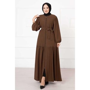 Brown Balloon Sleeve Zippered <b>Abaya</b> Modest Muslimah Daily Wear Vintage Fashion Empire Waistline Solid Embroidery Floor-Length - Product Image 3