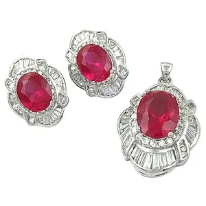 Ensemble de bijoux classiques pour femmes en argent, pendentif en zircon rubis, boucles d'oreilles, perle, diamant, or rose, fleur pour les fêtes, les mariages, les cadeaux - Product Image 1
