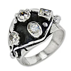 Bague Groupe Géométrique Vintage avec Pierres en Zircon Cubique, Alliage Plaqué Argent Antique, Bijou Unisexe Tendance - Product Image 1