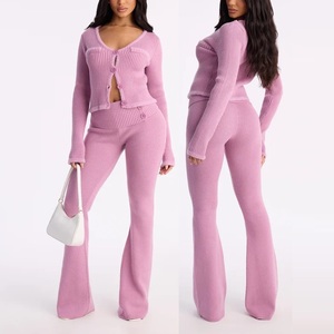 Ensemble deux pièces en tricot pour femme, automne 2026, avec logo personnalisé, haut court à manches longues, pull boutonné, survêtement, ensembles de pulls pour femme - Product Image 6