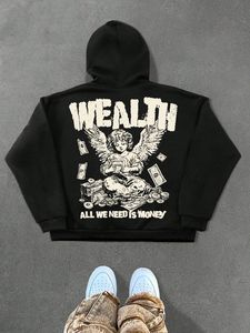 เสื้อฮู้ดดี้ผู้ชายทรงโอเวอร์ไซส์ สไตล์สตรีทแวร์ ฤดูใบไม้ร่วง 2025 ผ้าฝ้าย 100% พิมพ์ลายหนัก ประดับลูกปัด ดีไซน์โดดเด่น ข้อความ 'All We Need Is Money' - Product Image 3