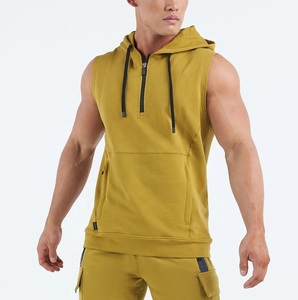 Camiseta sin mangas de verano 100% de algodón personalizada para hombre, Sudadera con capucha para entrenamientos de culturismo, sólido para púrpura, media cremallera, cuello con capucha - Product Image 1