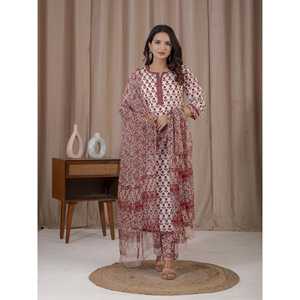 Conjunto de Kurta y Pantalón de Algodón con Estampado a Mano en Blanco y Rojo, con Mangas Tres Cuartos para Uso Diario - Product Image 5