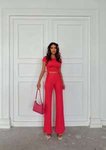 ผู้หญิงลูกเรือคอด้านข้างรวบรวมแขนสั้นสีทึบเสื้อครอปและกางเกงขากว้างเอวสูงชุดคู่สีฟ้า - Product Image 6