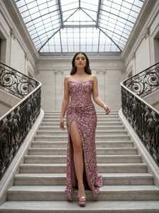 Vestido de Noche de Última Moda, Sin Tirantes, Bordado, Recto, de Lujo, para Mujer, Color Borgoña, Verde y Plateado - Product Image 4