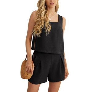 Conjunto informal de pantalones cortos sin mangas con cuello cuadrado de 2 piezas para mujer Top de verano negro S - Product Image 4