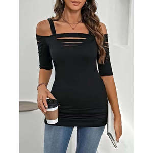 Blusa de viscosa con tirantes y hombros descubiertos para mujer, con detalle de corte láser, 37831 - Negro - Product Image 4