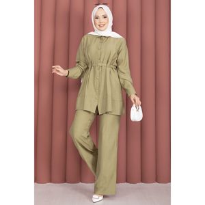 Conjunto de Dos Piezas para Mujer, Túnica y Pantalones con Cinturón, Color Verde Oliva, Estilo Casual, para Primavera/Verano, Talla XL - Product Image 3
