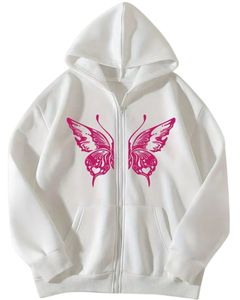 Sudadera con Capucha y Cremallera con Estampado de Mariposas Blancas y Rosas para Mujer, Sudadera Holgada y Linda de Estilo Urbano, Chaqueta de Moda para Invierno - Product Image 1
