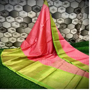 Saree en soie brocart rose vif fabriqué sur mesure à partir de tissus en pure soie pour la confection de vêtements pour femmes et pour la décoration de la maison - Product Image 1