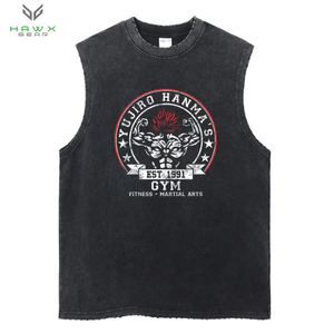 Vêtements de gym personnalisés pour hommes, gilet gris 100% coton délavé, débardeur découpé à impression numérique, t-shirt sans manches, tissage tricoté - Product Image 3