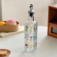 Bouteille distributrice d'huile d'olive en verre peint de 500 ml, motif floral, récipient à condiments pour comptoir de cuisine