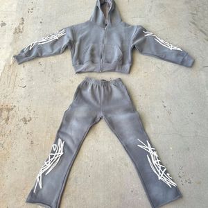 Ensemble de jogging en coton délavé à l'acide, 2 pièces, survêtement brodé avec sweat à capuche et pantalon de survêtement, ensemble de jogging cargo évasé d'hiver - Product Image 3