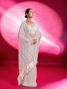 Trendmalls Saree pour femme avec broderie filet et sequins, pièce de chemisier non cousue, style fête et mariage, coupe classique - Product Image 4