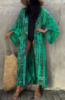 Nouvelle Robe Longue Femme 2024 Tie-Dye Col V à Cordon Manches Longues en Rayonne Viscose Respirante et Douce pour Vacances d'Été et Plage