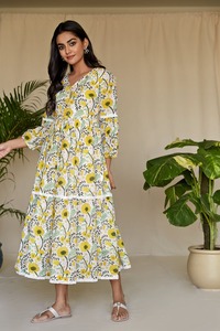 Lemon Garden Flora ชุดเดรสแมกซี่ของผู้หญิงแบบลำลองคอปิดคอผ้าฝ้ายแบบไร้สายทอสไตล์ Y2K ผู้ส่งออก - Product Image 5
