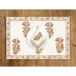 แผ่นรองจานและชุดผ้าเช็ดปากผ้าคอตตอนพิมพ์ลายบล็อกสีส้มอินเดียสำหรับวางตรงกลางโต๊ะรับประทานอาหาร - Product Image 3