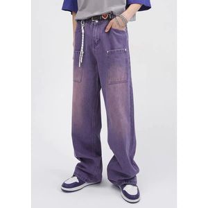กางเกงยีนส์ผู้ชาย2025กางเกงยีนส์ทรงหลวมสีม่วงไล่ระดับสีวินเทจย้อนยุคกางเกงคาร์โก้สำหรับผู้ชาย - Product Image 4