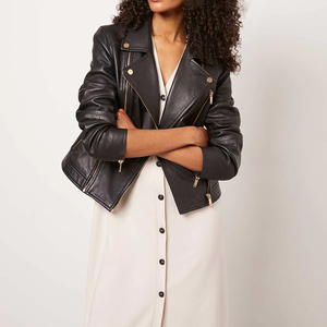 Chaqueta de cuero con cremallera de Color negro de alta calidad con doble cremallera 2023 para mujer, chaqueta de cuero con llamadas y soporte al por mayor para mujer - Product Image 5