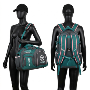 Bolsa Deportiva de Fútbol para Mujer, Tejido de Poliéster 600D de Alta Resistencia, Paneles Azules, Verdes y Grises, Bolsillo de Malla, Logotipo Bordado con Impresión Personalizada - Product Image 3