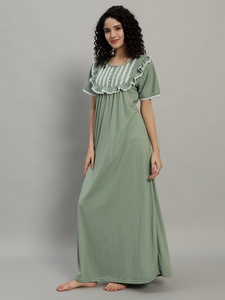 Chemise de nuit et robe de nuit élégante en dentelle 100% coton pour femmes, col rond, longueur totale, pour le printemps et l'été - Product Image 4