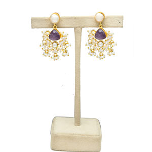 Vintage belle laiton 24K plaqué or blanc perle d'eau douce minceur réglage longue suspension goujon tous les jours boucle d'oreille femmes - Product Image 3