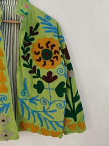 Cardigan Bohème Vert Brodé à Motifs Floraux, Manches Longues, Col Mandarin, Grande Taille, Vêtement d'Extérieur Décontracté pour Femme, Idéal Printemps - Product Image 4