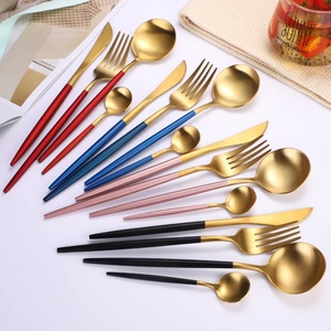 Juego de cubiertos de acero inoxidable con asas de esmalte azul Color dorado para el hogar y la boda Juegos de cubiertos - Product Image 2