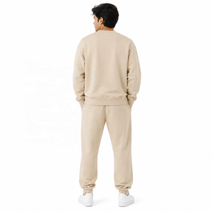Men's Beige Crew Neck Sweatshirt Drop Shoulder Hoodies Fleece Regular Fit Solid Color Front Logo <b>Tracksuit</b> and Jogger Set B2B - Product Image 3