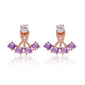 Lila piedra diseño CZ forma redonda oreja Chaquetas Mujer pendientes turco hecho a mano 925 joyería de plata esterlina - Product Image 1