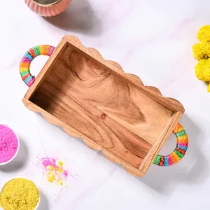 ถาดเสิร์ฟไม้ทำมือขอบหยักพร้อมหูจับด้ายหลากสี – ถาดไม้ตกแต่งสำหรับจัดเก็บของ รับผลิตตามแบบ/ขายส่ง - Product Image 3