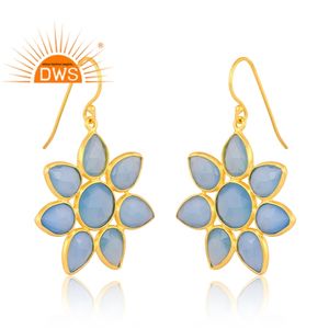 Dernière conception de boucles d'oreilles en argent sterling plaqué or 18 carats en calcédoine bleue naturelle avec pierres précieuses Demi Fine Jewelry Manufacturer - Product Image 3