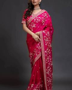 Dernier modèle de sari indien en organza pour femmes, de qualité supérieure, pour les fêtes et les mariages, avec de belles broderies, non cousu, lavable - Product Image 5