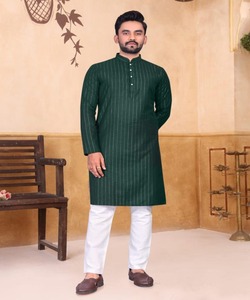 Ensemble Kurta Pathani pour homme avec col boutonné et chaîne en tissu de coton Khadi - Product Image 3