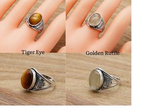 Anillo de piedras preciosas con forma ovalada de Plata de Ley 925, Ojo de tigre de ónix, calcedonia, piedra lunar turquesa, joyería Unisex de diseñador elegante - Product Image 2