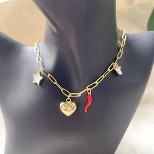 Cute Charm Necklace Gold Plated Brass Chain Heart Pepper Star Pendant Necklace Fashion Women Jewelry