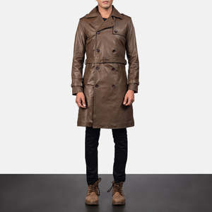 Royson <b>Men's</b> Stylish Brown Leather Duster <b>Coat</b> Hooded Overcoat Trench Blazer Pattern Heavy Fabric Knitted Warm Button Fur Print - Product Image 6