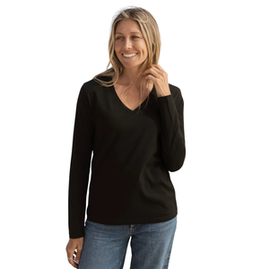 T-shirt à manches longues pour femme, col en V, noir, 100% coton biologique de luxe, pré-rétréci, certifié GOTS, coupe classique, doux et premium - Product Image 3