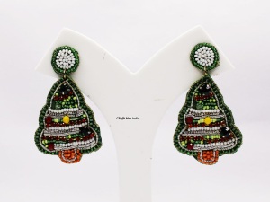 Handmade Classic Style Green Christmas Tree Embroidery <b>Earrings</b> with Glass Beads Holiday Jewelry From India - Product Image 6