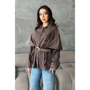 Chemise ample marron en tissu tissé avec détail de châle simple - 100 % coton respirant - Product Image 3